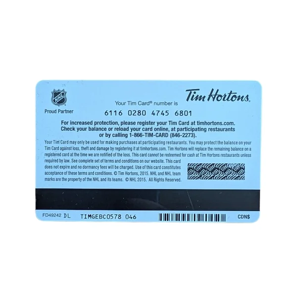 Tim Hortons Gift Card Calgary Flames NHL Collectible Display Card Zero Balance - Picture 2 of 2